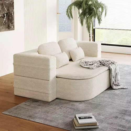75 Inch 2-in-1 Beige Foldable Sofa with Multi Functional Blanket Corduroy Floor folding sofa bed
