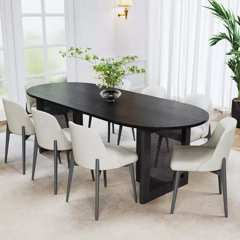 Table à manger ovale de 200 cm en rotin tressé couleur noyer avec 8 chaises, idéale pour la salle à manger et le salon