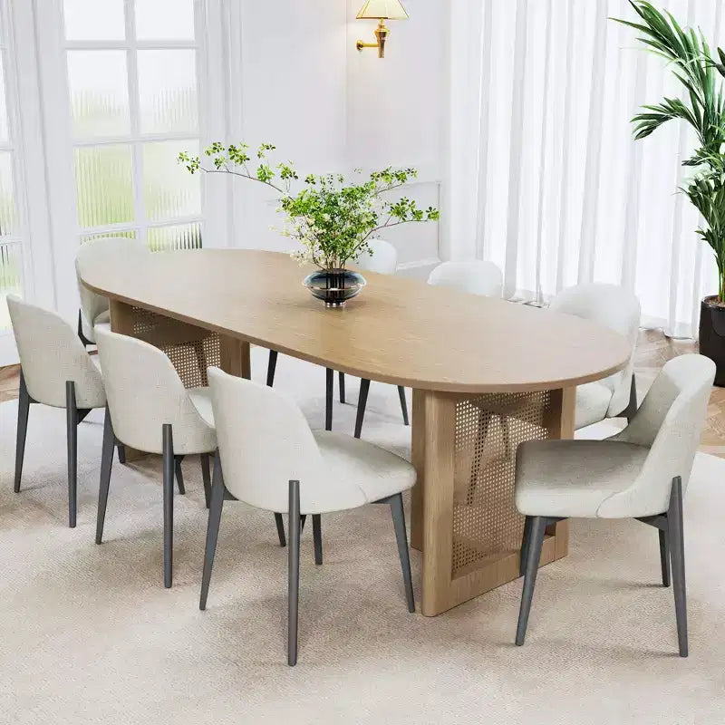 Table à manger ovale de 200 cm en rotin tressé couleur noyer avec 8 chaises, idéale pour la salle à manger et le salon