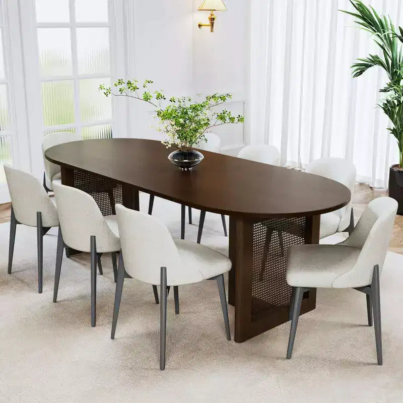 79 inch Vine Woven Oval Walnut Colored Dining Table with 8 Dining chairs Suitable for Dining Room and Living Room