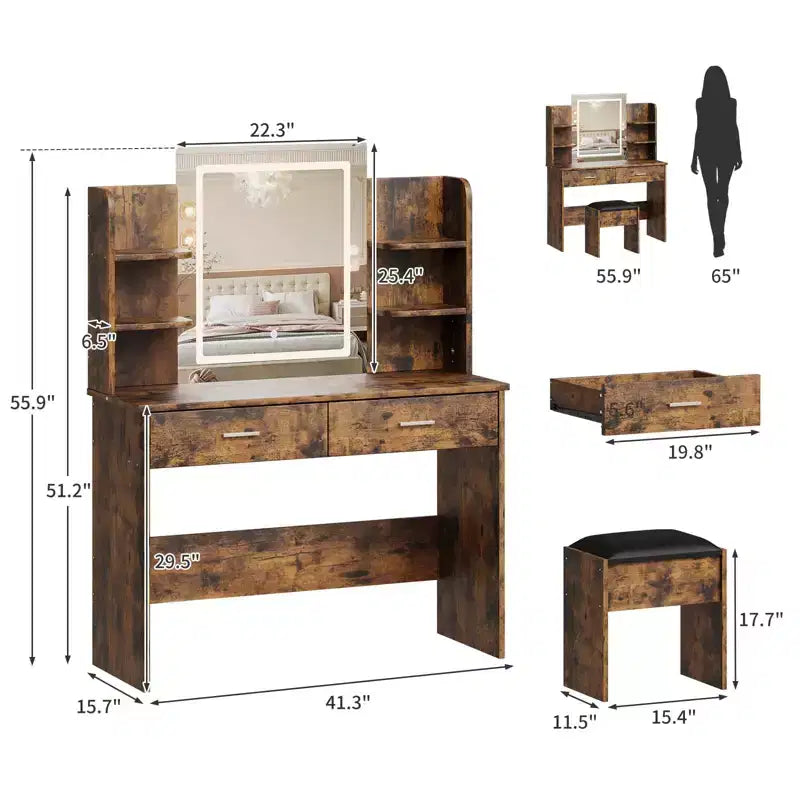 Coiffeuse avec miroir et lumières, ensemble coiffeuse de maquillage avec tabouret rembourré, prise de courant, 6 étagères de rangement, 2 grands tiroirs