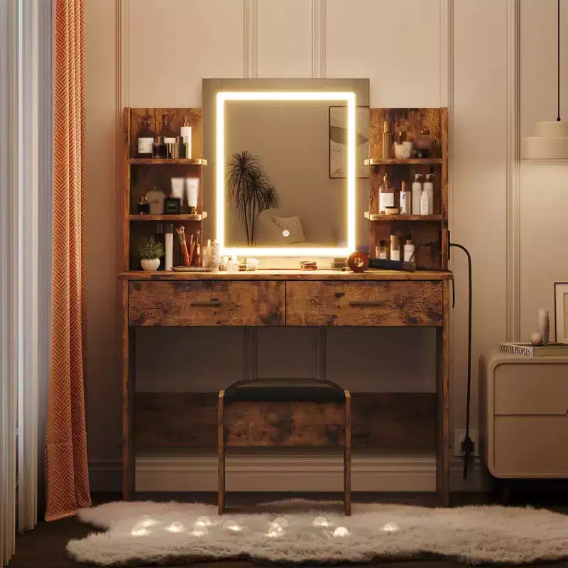 Coiffeuse avec miroir et lumières, ensemble coiffeuse de maquillage avec tabouret rembourré, prise de courant, 6 étagères de rangement, 2 grands tiroirs