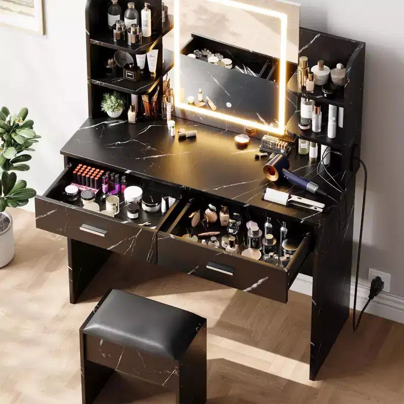 Coiffeuse avec miroir et lumières, ensemble coiffeuse de maquillage avec tabouret rembourré, prise de courant, 6 étagères de rangement, 2 grands tiroirs
