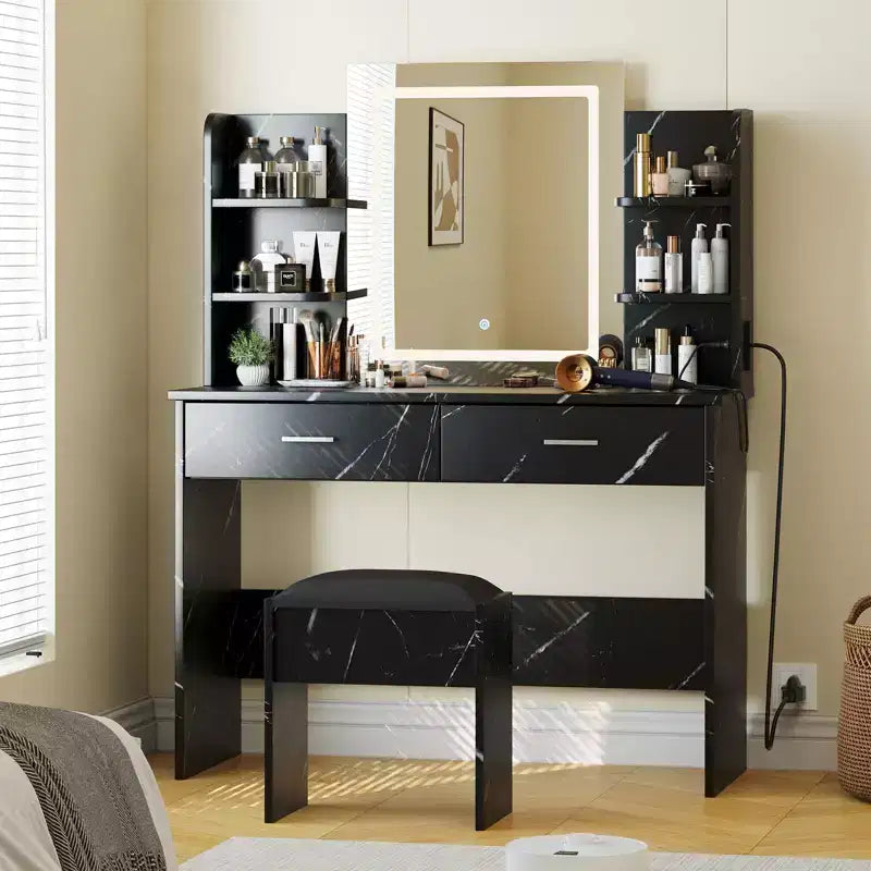 Coiffeuse avec miroir et lumières, ensemble coiffeuse de maquillage avec tabouret rembourré, prise de courant, 6 étagères de rangement, 2 grands tiroirs