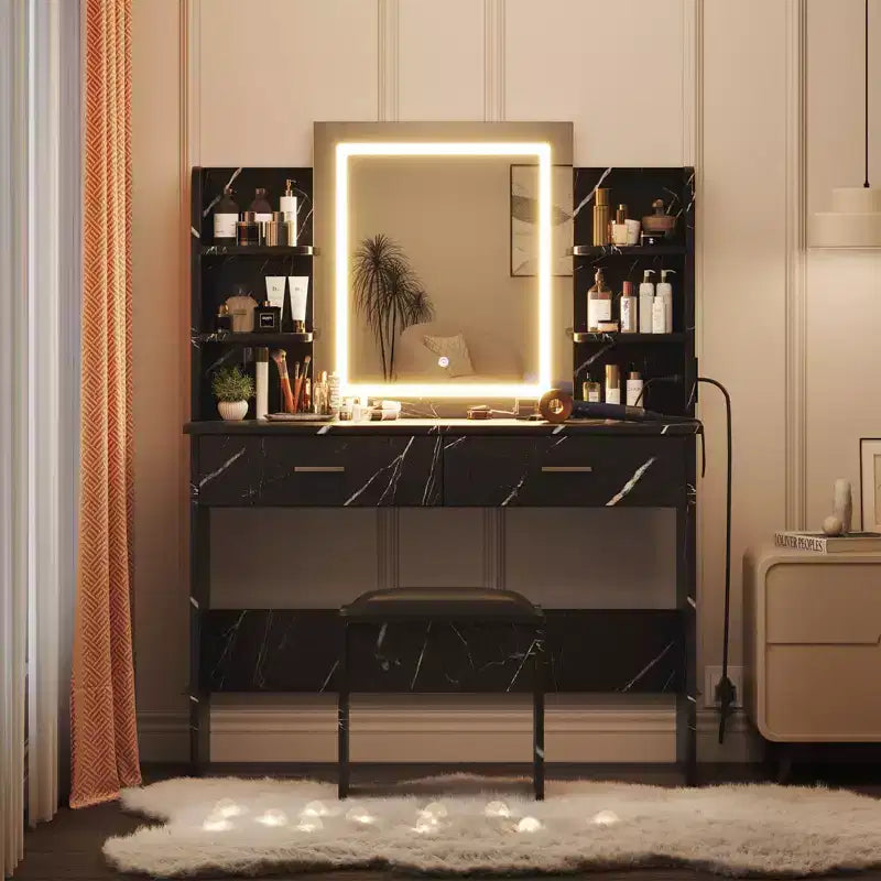 Coiffeuse avec miroir et lumières, ensemble coiffeuse de maquillage avec tabouret rembourré, prise de courant, 6 étagères de rangement, 2 grands tiroirs