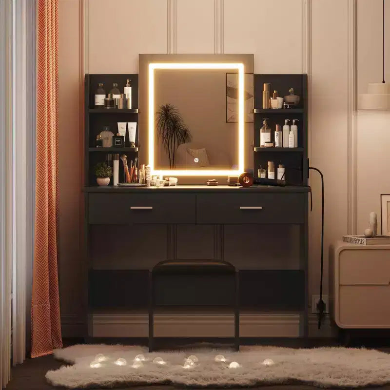 Coiffeuse avec miroir et lumières, ensemble coiffeuse de maquillage avec tabouret rembourré, prise de courant, 6 étagères de rangement, 2 grands tiroirs