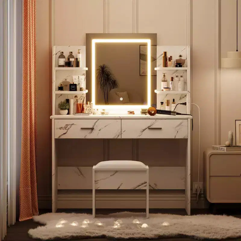 Coiffeuse avec miroir et lumières, ensemble coiffeuse de maquillage avec tabouret rembourré, prise de courant, 6 étagères de rangement, 2 grands tiroirs