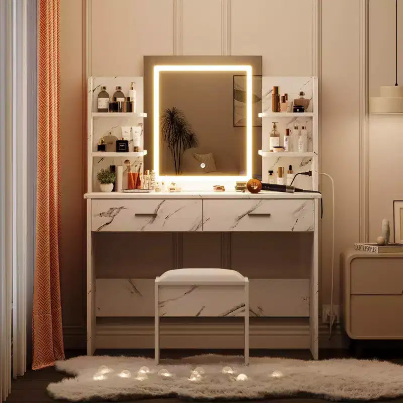 Coiffeuse avec miroir et lumières, ensemble coiffeuse de maquillage avec tabouret rembourré, prise de courant, 6 étagères de rangement, 2 grands tiroirs