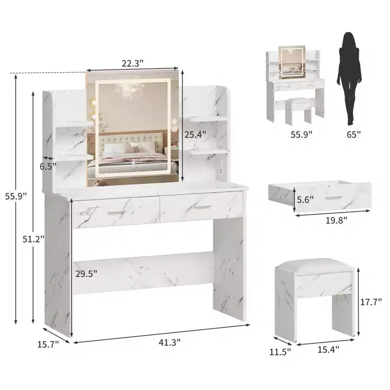 Coiffeuse avec miroir et lumières, ensemble coiffeuse de maquillage avec tabouret rembourré, prise de courant, 6 étagères de rangement, 2 grands tiroirs