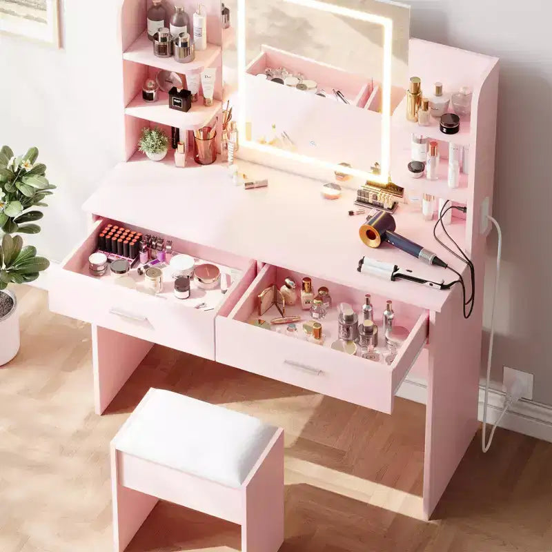 Coiffeuse avec miroir et lumières, ensemble coiffeuse de maquillage avec tabouret rembourré, prise de courant, 6 étagères de rangement, 2 grands tiroirs