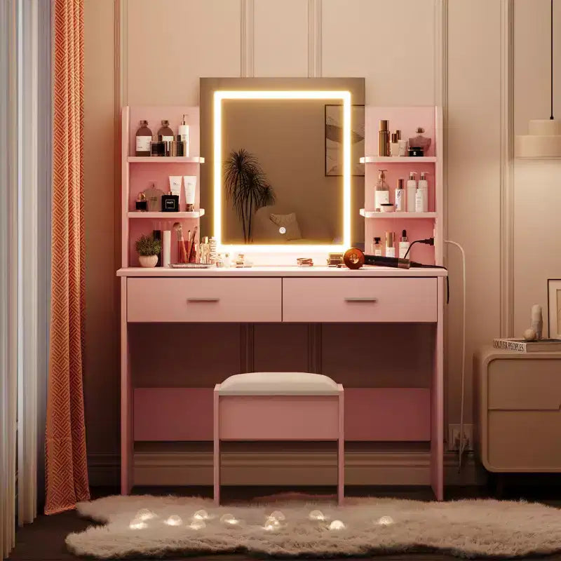 Coiffeuse avec miroir et lumières, ensemble coiffeuse de maquillage avec tabouret rembourré, prise de courant, 6 étagères de rangement, 2 grands tiroirs