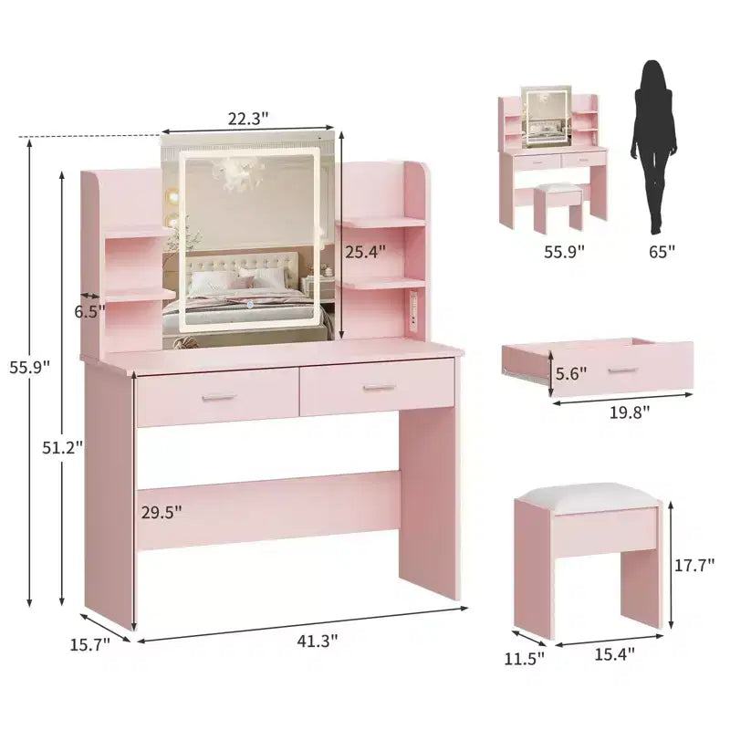 Coiffeuse avec miroir et lumières, ensemble coiffeuse de maquillage avec tabouret rembourré, prise de courant, 6 étagères de rangement, 2 grands tiroirs