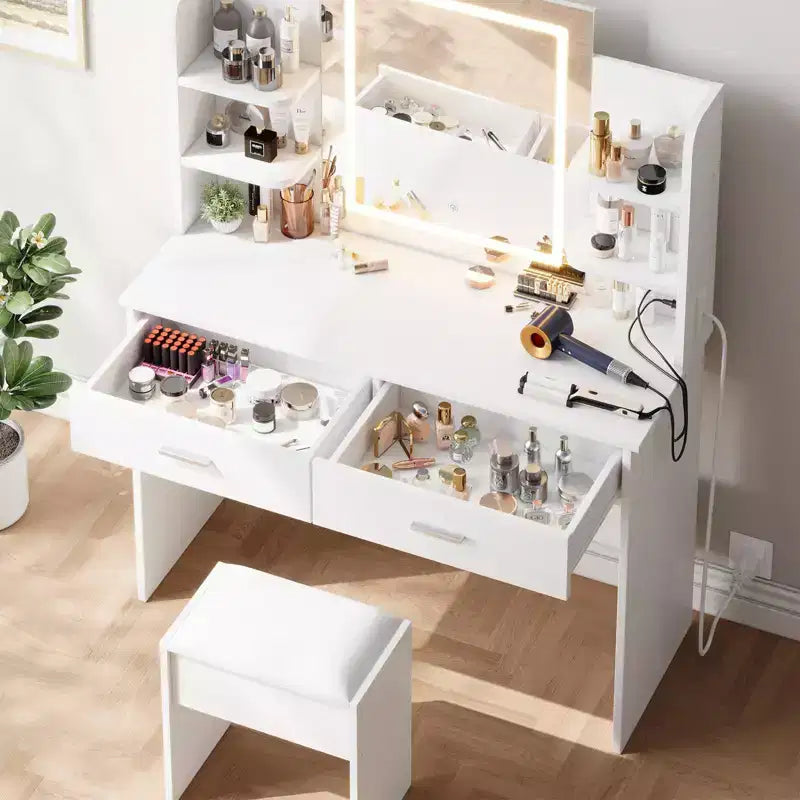 Coiffeuse avec miroir et lumières, ensemble coiffeuse de maquillage avec tabouret rembourré, prise de courant, 6 étagères de rangement, 2 grands tiroirs