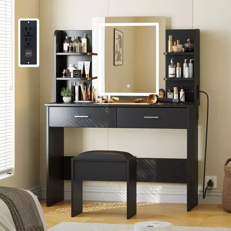 Coiffeuse avec miroir et lumières, ensemble coiffeuse de maquillage avec tabouret rembourré, prise de courant, 6 étagères de rangement, 2 grands tiroirs