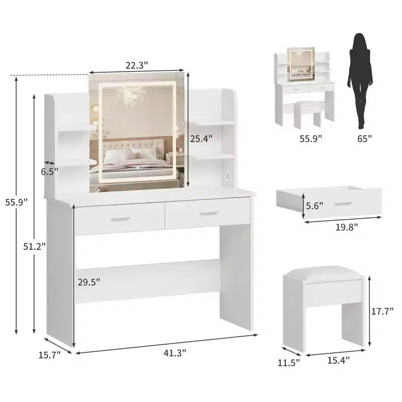 Coiffeuse avec miroir et lumières, ensemble coiffeuse de maquillage avec tabouret rembourré, prise de courant, 6 étagères de rangement, 2 grands tiroirs