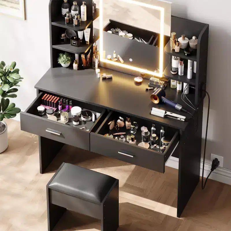 Coiffeuse avec miroir et lumières, ensemble coiffeuse de maquillage avec tabouret rembourré, prise de courant, 6 étagères de rangement, 2 grands tiroirs
