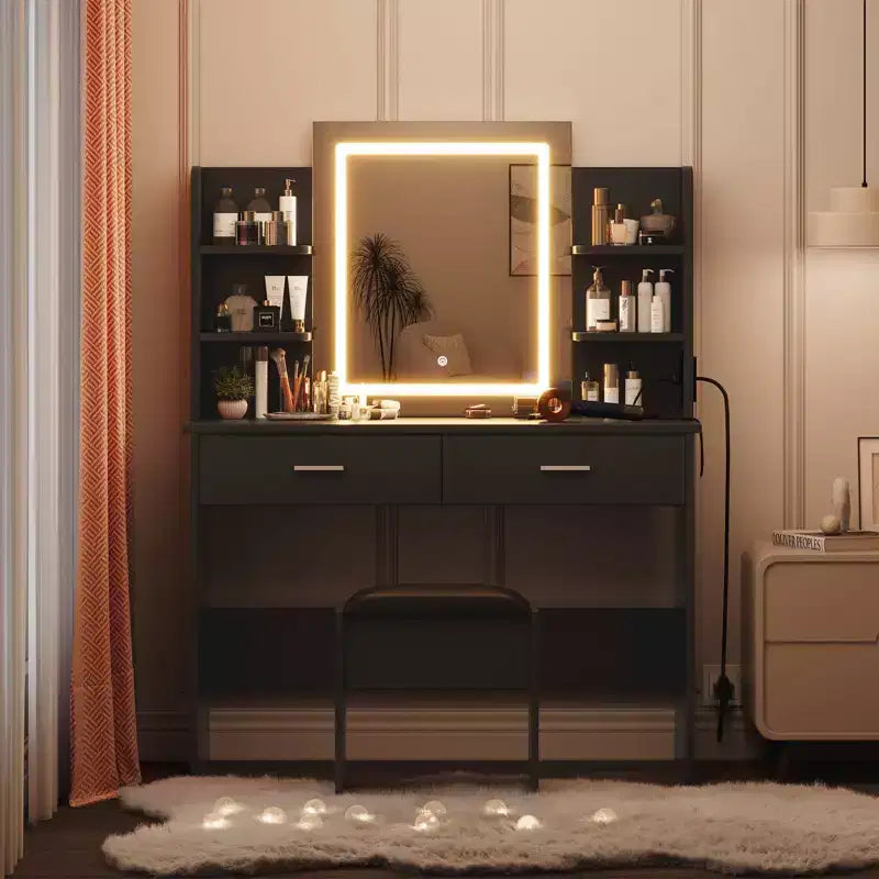 Coiffeuse avec miroir et lumières, ensemble coiffeuse de maquillage avec tabouret rembourré, prise de courant, 6 étagères de rangement, 2 grands tiroirs
