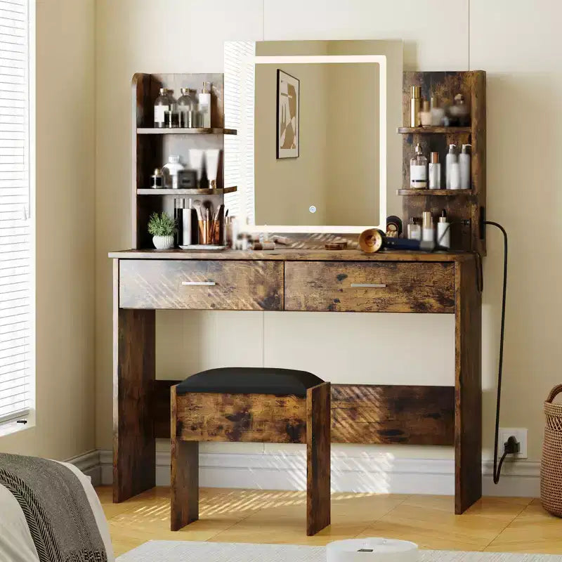 Coiffeuse avec miroir et lumières, ensemble coiffeuse de maquillage avec tabouret rembourré, prise de courant, 6 étagères de rangement, 2 grands tiroirs