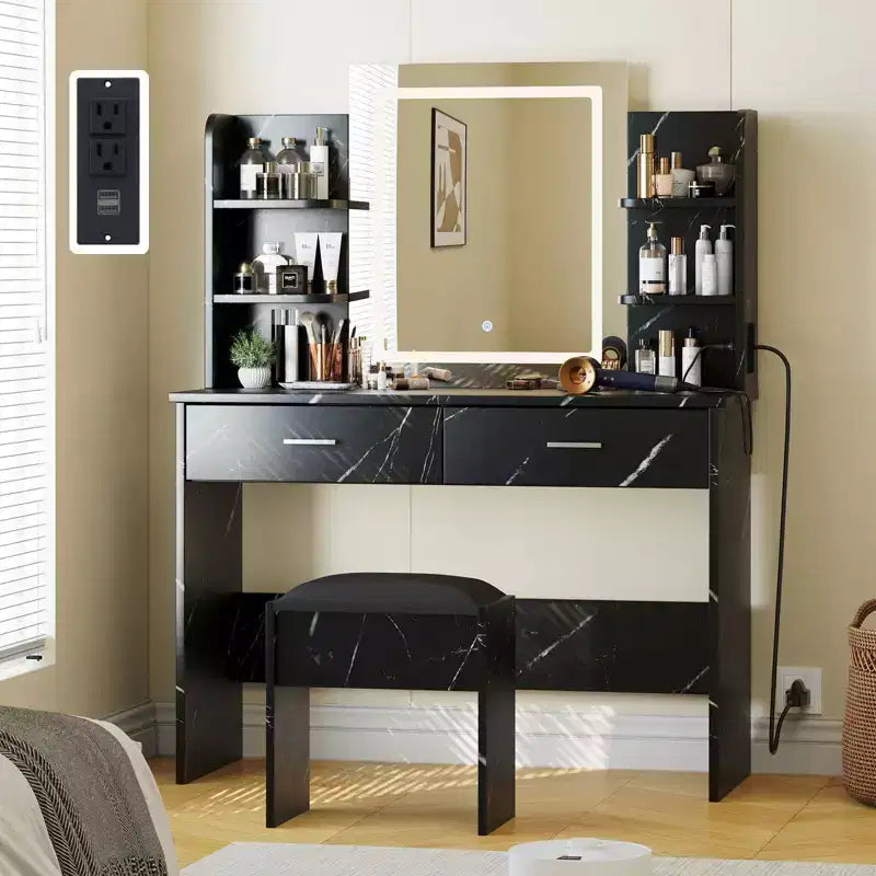 Coiffeuse avec miroir et lumières, ensemble coiffeuse de maquillage avec tabouret rembourré, prise de courant, 6 étagères de rangement, 2 grands tiroirs