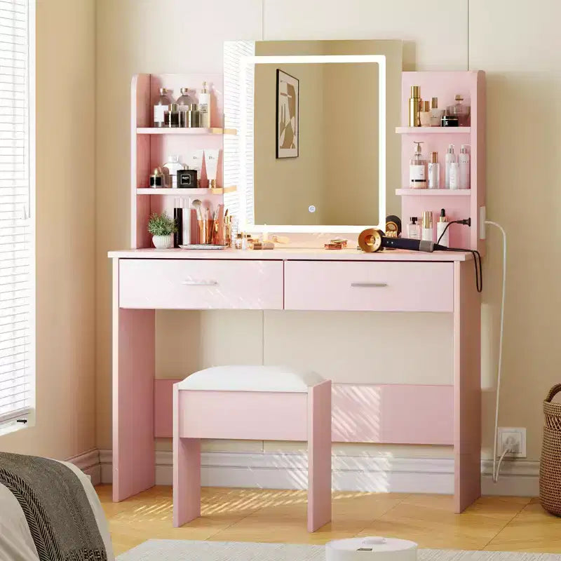 Coiffeuse avec miroir et lumières, ensemble coiffeuse de maquillage avec tabouret rembourré, prise de courant, 6 étagères de rangement, 2 grands tiroirs