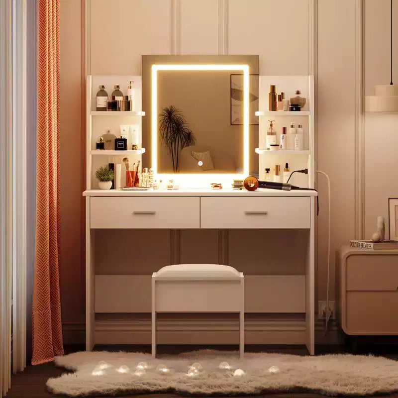 Coiffeuse avec miroir et lumières, ensemble coiffeuse de maquillage avec tabouret rembourré, prise de courant, 6 étagères de rangement, 2 grands tiroirs
