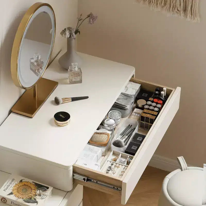 Coiffeuse moderne en bois GDFStudio Soren avec 4 tiroirs et tabouret