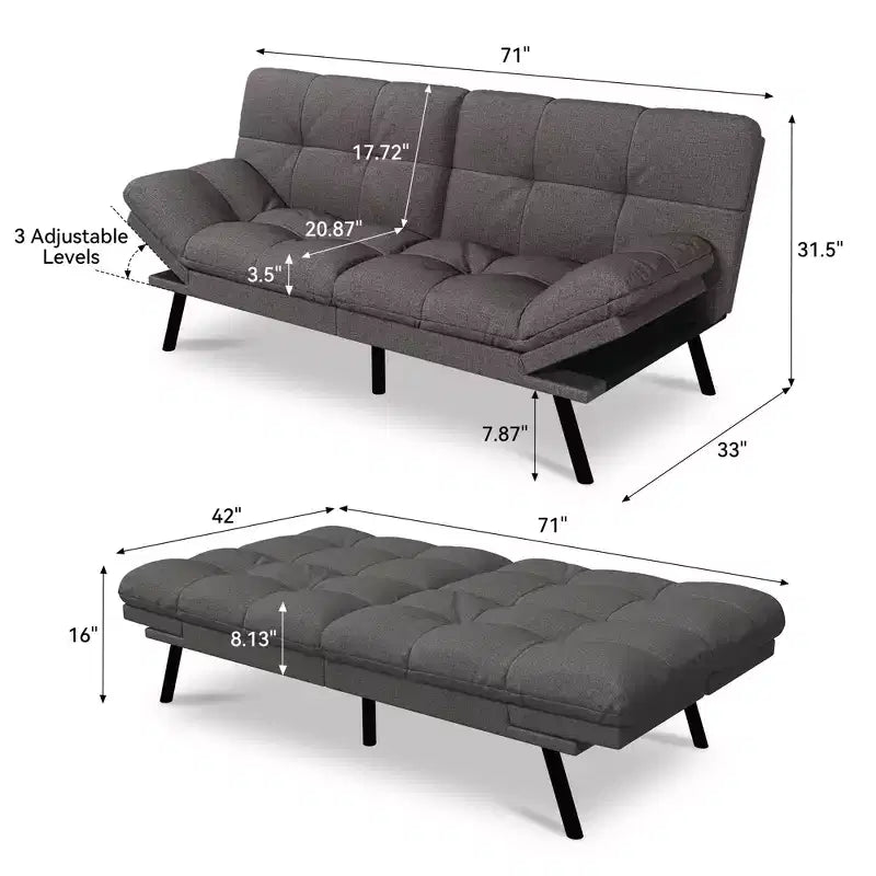 Canapé-Lit Futon Convertible Dyonery 71, Canapé Futon Moderne en Mousse à Mémoire de Forme avec Coussin Amovible, Dossier et Accoudoirs Réglables