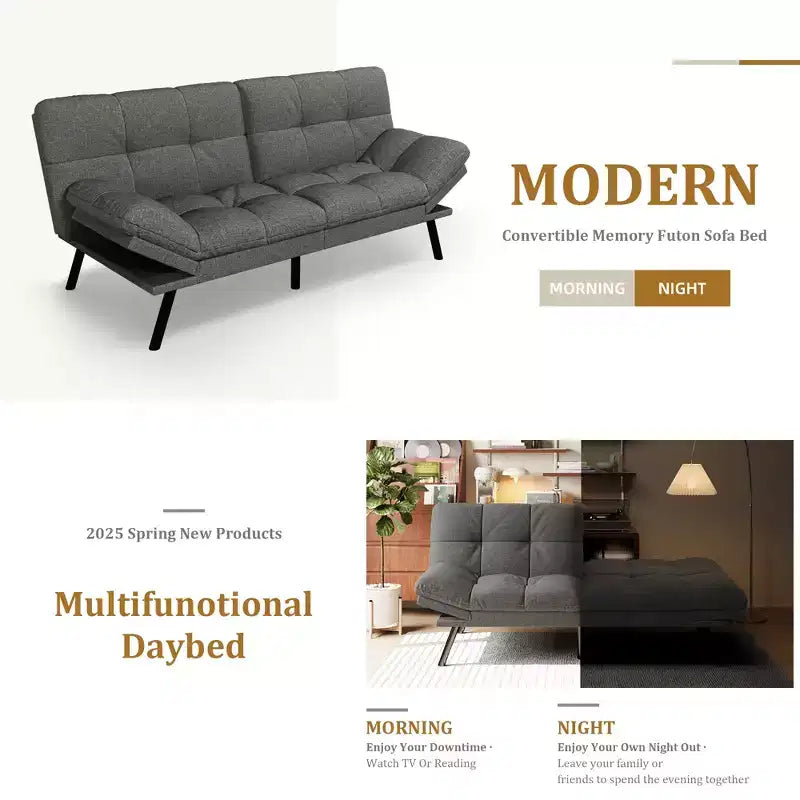 Canapé-Lit Futon Convertible Dyonery 71, Canapé Futon Moderne en Mousse à Mémoire de Forme avec Coussin Amovible, Dossier et Accoudoirs Réglables