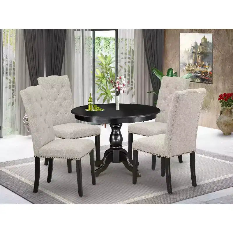 Table à manger 5 pièces en bois massif à finition brossée noire avec 4 chaises avec