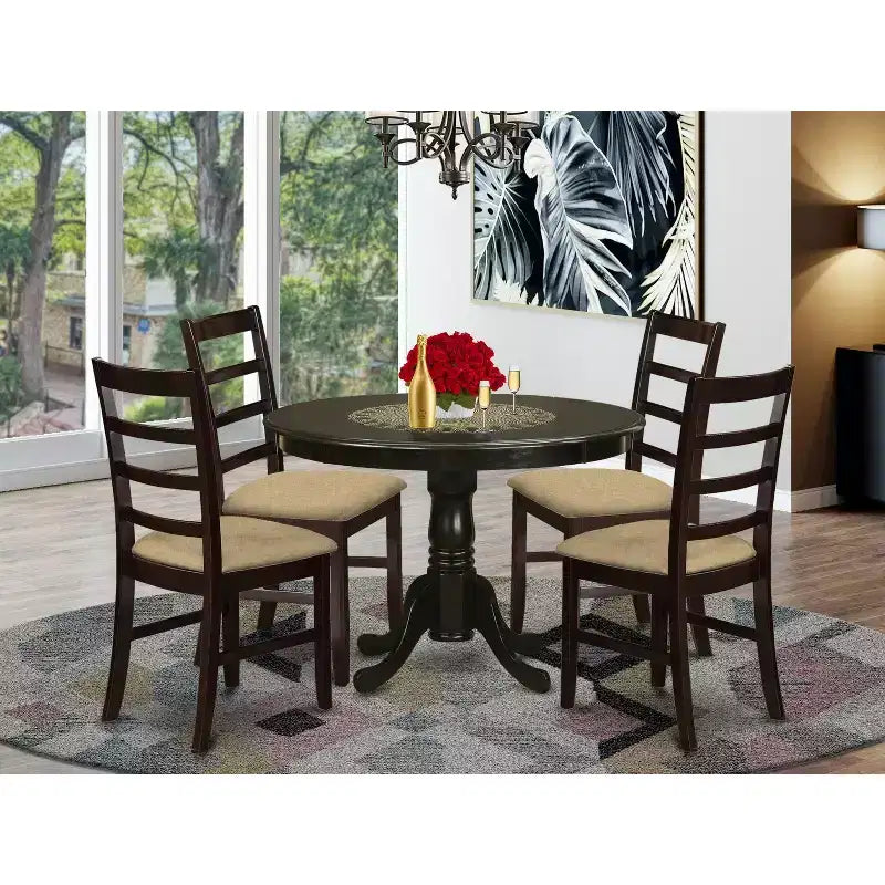 Ensemble table de cuisine pour 4 personnes - Service de salle à manger 5 pièces avec table ronde et chaises en lin - Style Art Déco