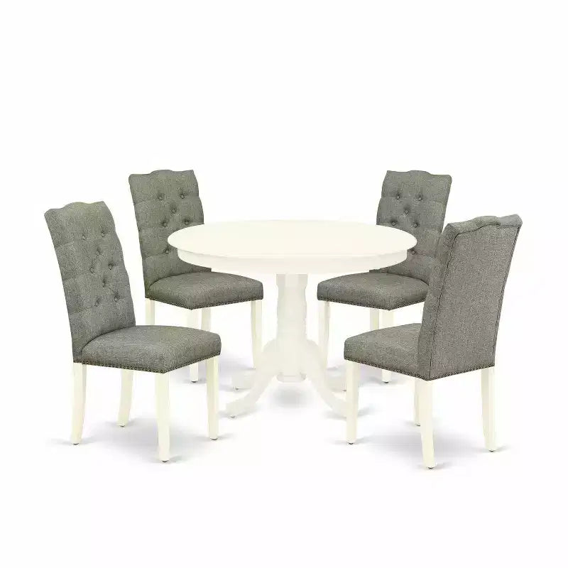 HomeStock 5-Piece Linen White Finish Solid Wood Top Dining Table with 4-Parson Chair