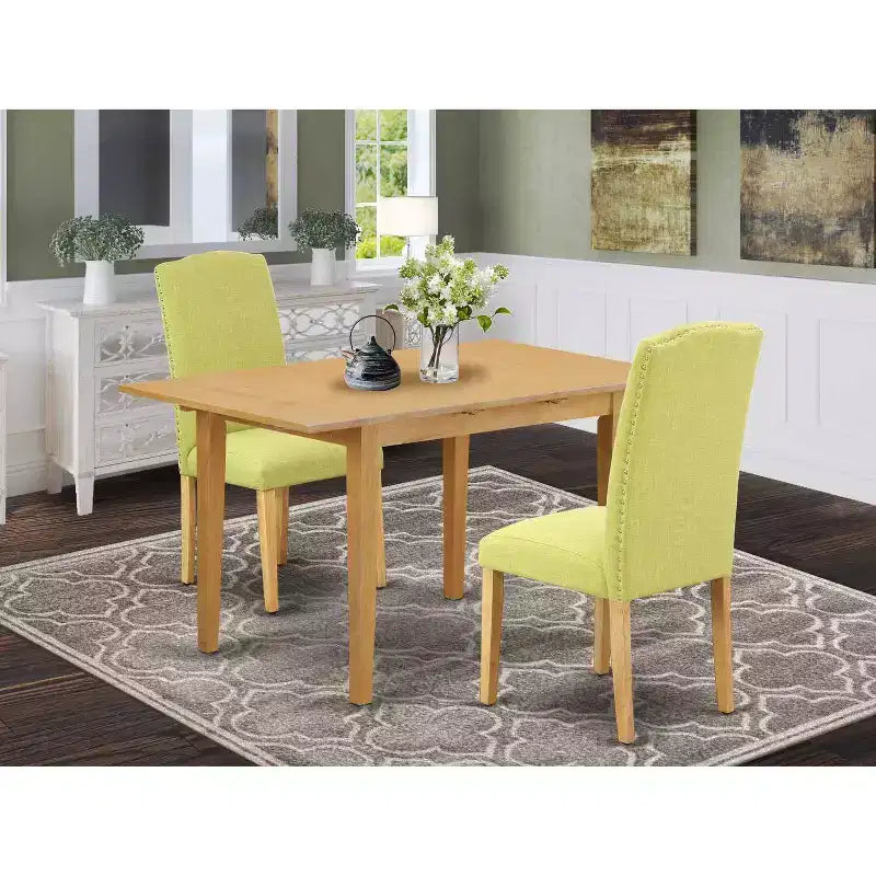 Ensemble de salle à manger rectangulaire - Table 3 pièces avec rallonge papillon et 2 chaises Parsons - Tissu de lin, pieds en chêne
