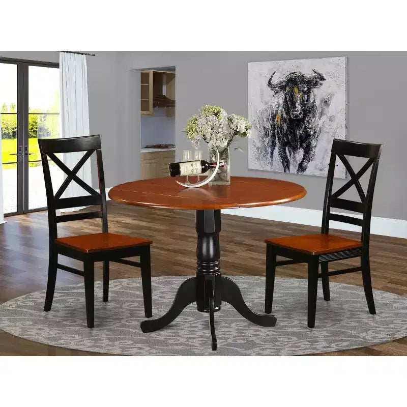 Ensemble table et chaises de salle à manger ronde - Ensemble 3 pièces pour cuisine, 107 cm, finition cerisier noir