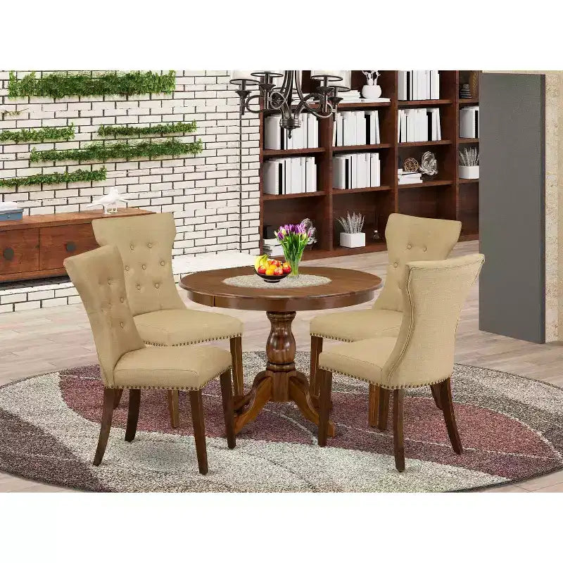HomeStock Ensemble table de salle à manger avec plateau en bois massif fini noyer antique et 4 chaises – 5 pièces