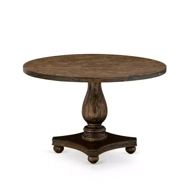 HomeStock Table de salle à manger ronde 5 pièces avec plateau en bois massif finition jacobéenne vieillie et 4 chaises Parson