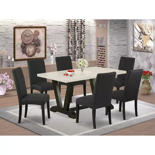 Table de salle à manger rectangulaire 7 pièces avec plateau en bois massif finition chêne naturel et 6 chaises Parson avec