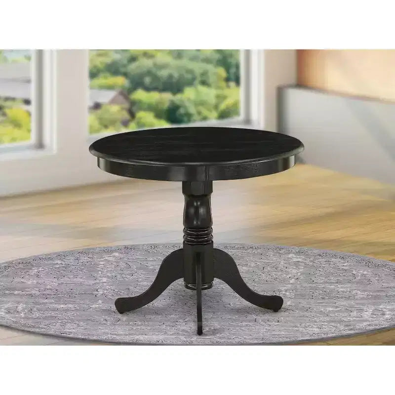 Table à manger HomeStock 5 pièces à plateau rond en bois massif, finition brossé noir, avec 4 chaises Parson