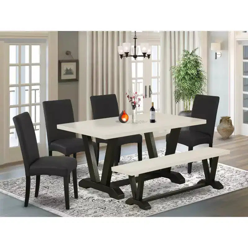 Table à manger 6 pièces avec plateau en bois massif finition chêne naturel, 1 banc et 4 chaises avec