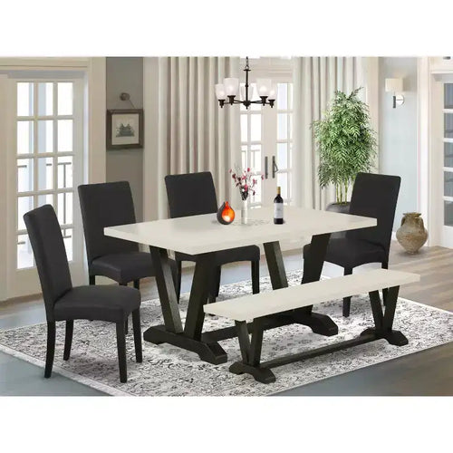Table à manger 6 pièces avec plateau en bois massif finition chêne naturel, 1 banc et 4 chaises avec