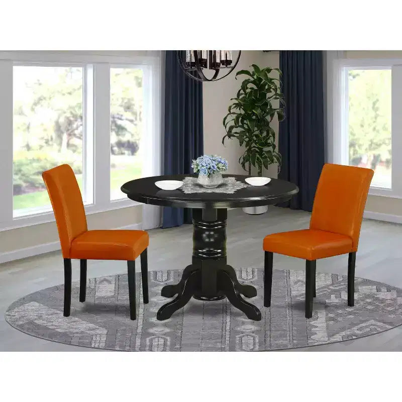 Ensemble de salle à manger côtier 3 pièces, table ronde et 2 chaises - Table 42 po - Similicuir - Pieds noirs - HomeStock