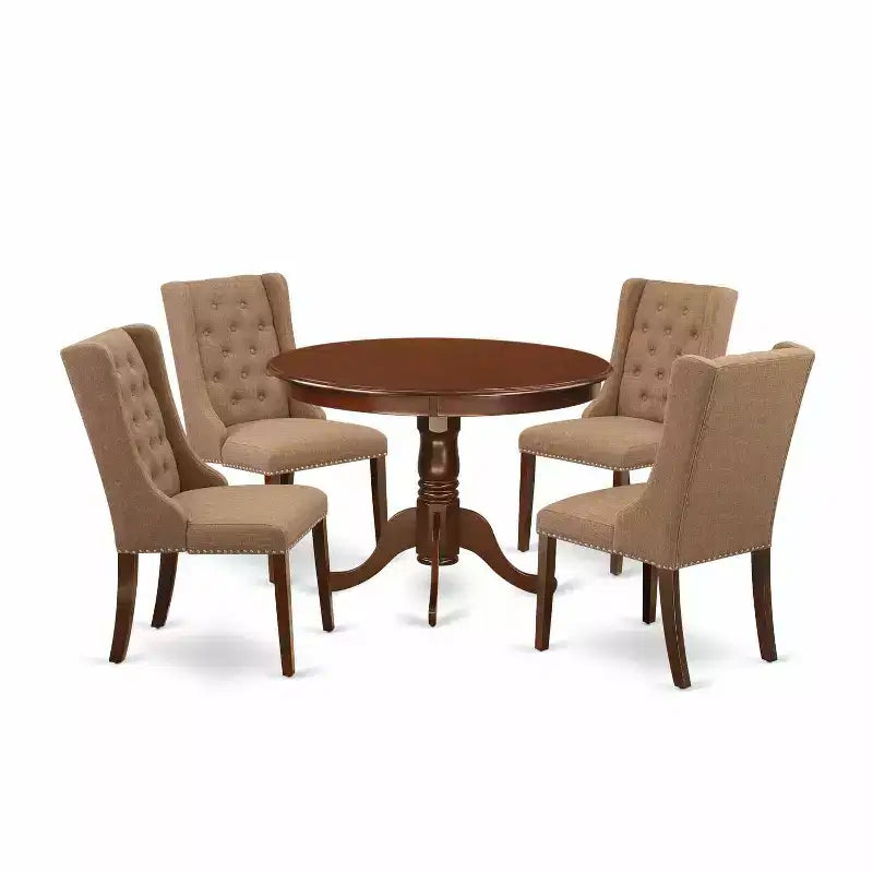 HomeStock 5-Piece Mahogany Finish Solid Wood Top Dining Table with 4 Parson Chair