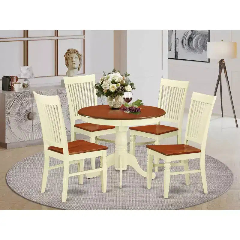 Salle à manger rustique 5 pièces - Table de cuisine et 4 chaises - Table ronde avec sièges en bois - Style ferme