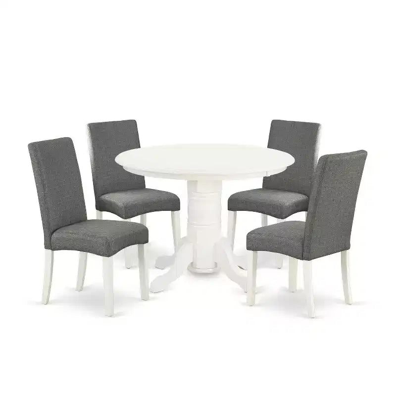 HomeStock 5-Piece Round Linen White Finish Solid Wood Top Dining Table with 4-Parson Chair