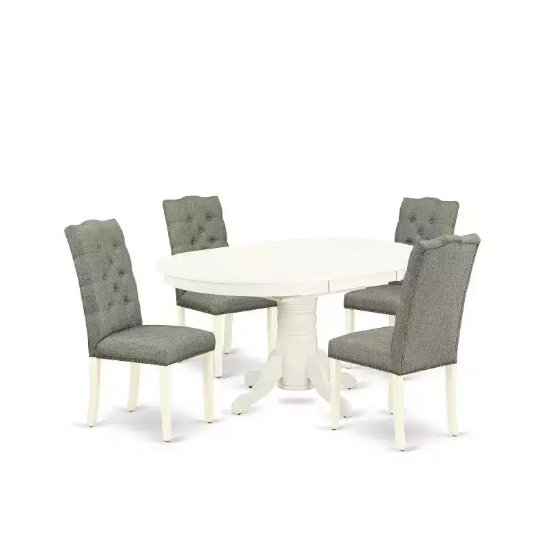 HomeStock 5-Piece Oval Linen White Finish Solid Wood Top Dining Table with 4-Parson Chair with Butterfly Leaf