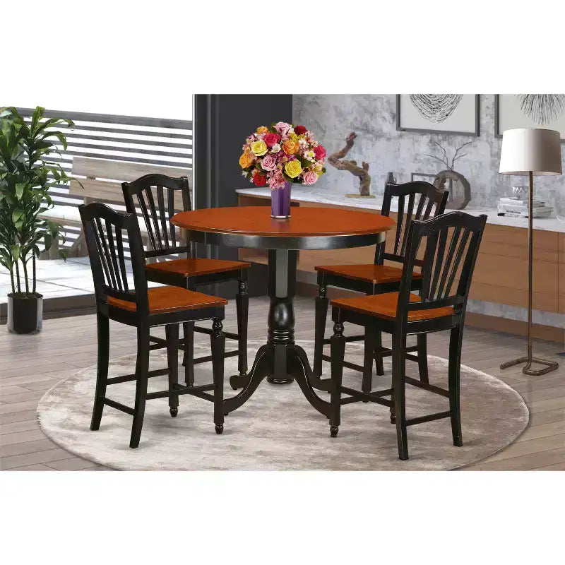 Ensemble de pub hauteur comptoir - Table et chaises 5 pièces - Ensemble de salle à manger - Table ronde de 42 pouces - Fini cerisier noir