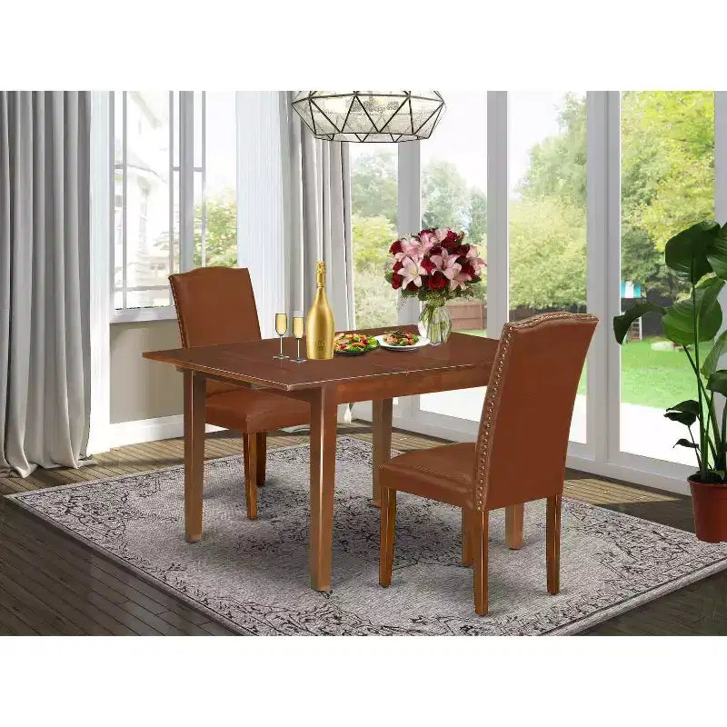 Ensemble de salle à manger rectangulaire - Table 3 pièces avec rallonge papillon et 2 chaises Parsons - Similicuir marron