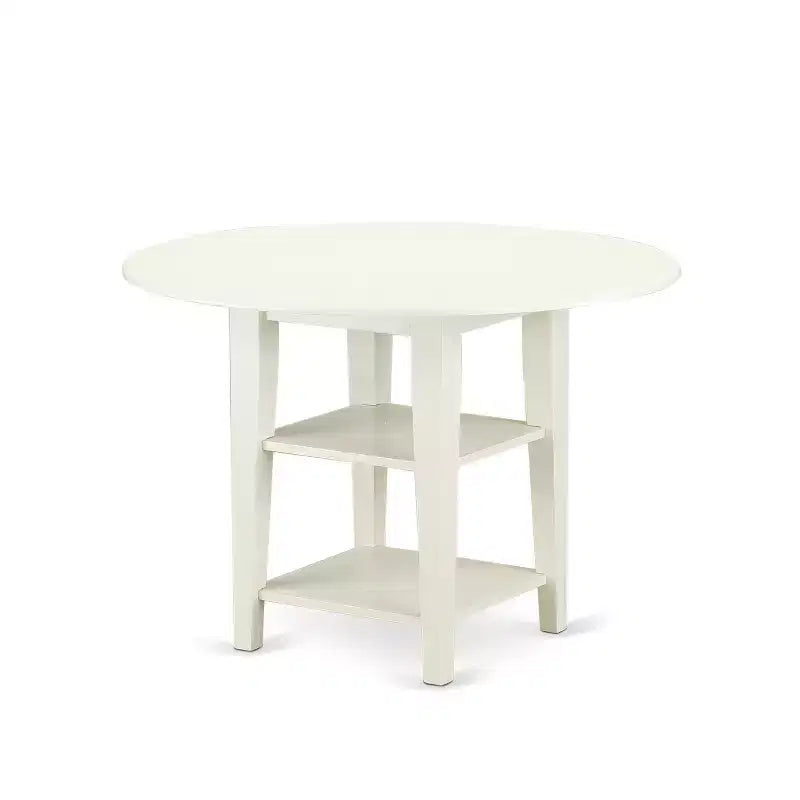 HomeStock 5-Piece Round Linen White Finish Solid Wood Top Dining Table with 4 Chairs with Drop Leaf Slat Back