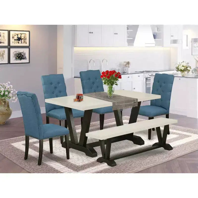 Table à manger 6 pièces avec plateau en bois massif finition chêne naturel, 1 banc et 4 chaises avec