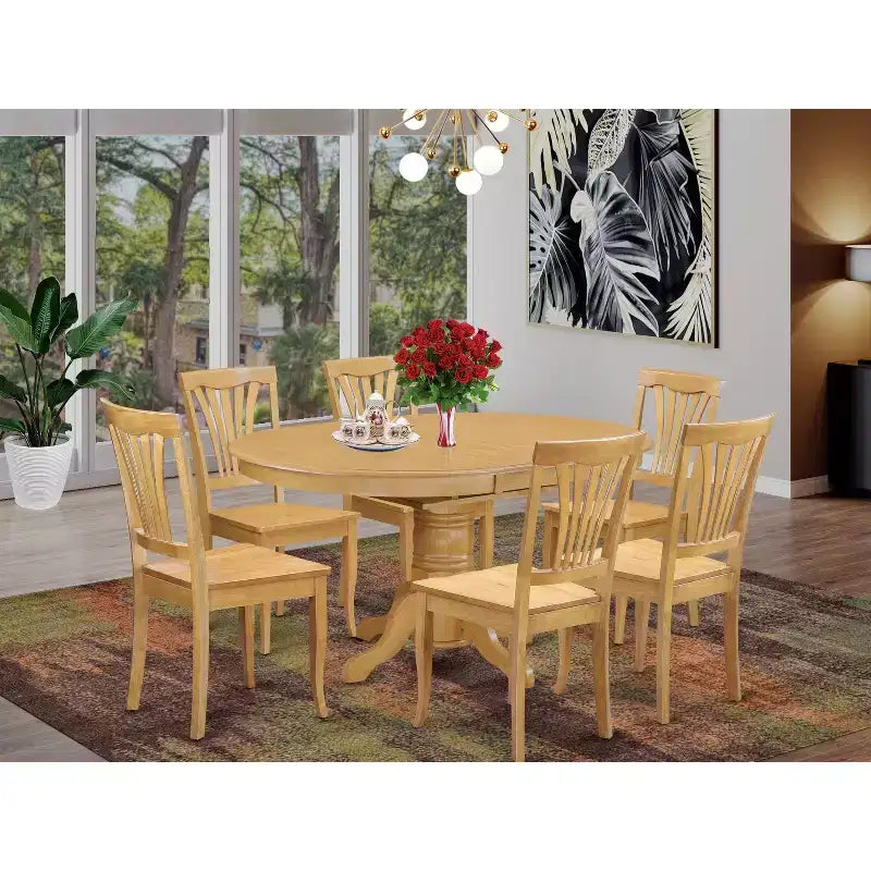 Table à manger HomeStock 7 pièces en chêne naturel ovale avec plateau en bois massif et 6 chaises