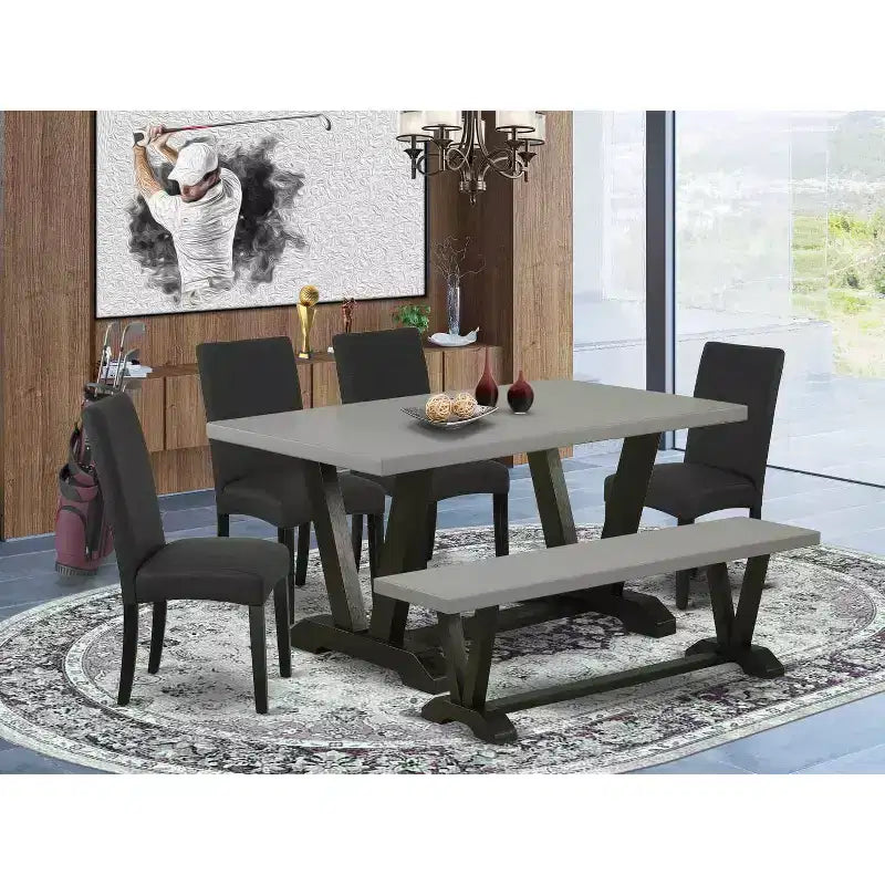 Table de salle à manger rectangulaire 6 pièces en bois massif finition chêne naturel avec 1 banc et 4 chaises avec